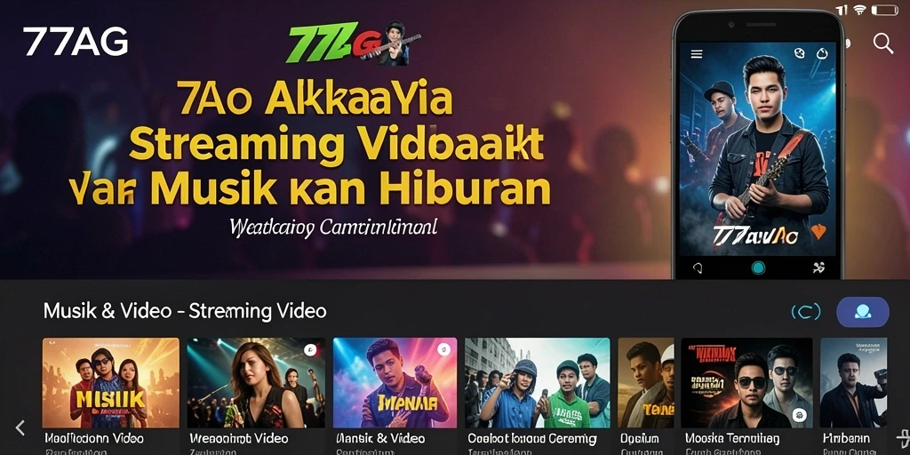 Tampilan antarmuka aplikasi 77AG dengan berbagai konten streaming video.