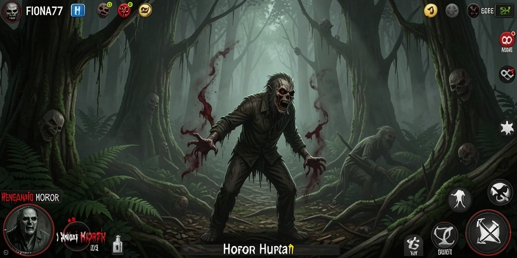 Antarmuka menegangkan dari game Horor Hutan FIONA77.