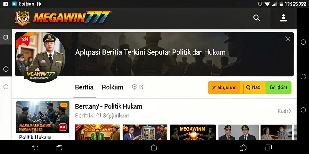 Tampilan antarmuka aplikas MEGAWIN777 dengan berita politik dan hukum.